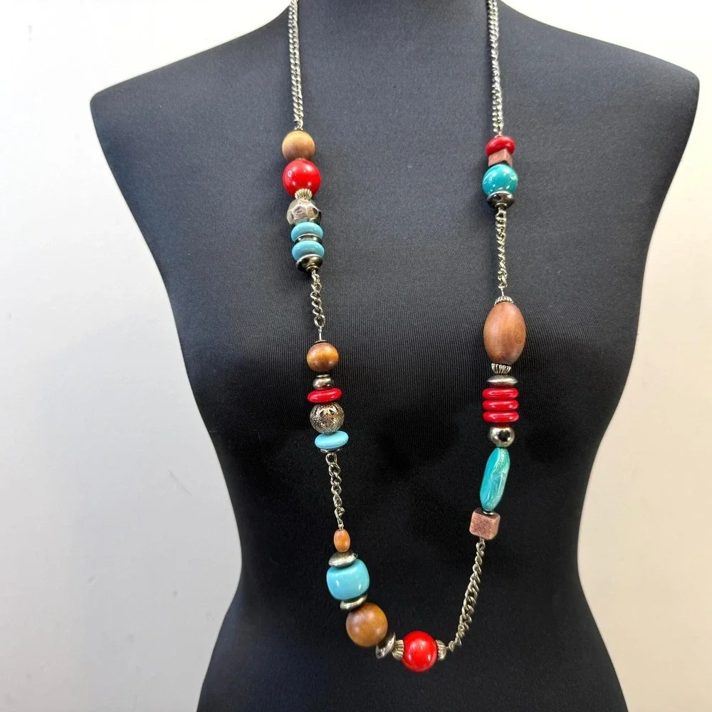 Long Boho Wood Beaded Necklace Acrylic Turquoise Accents Fashion Jewelry 19 in L